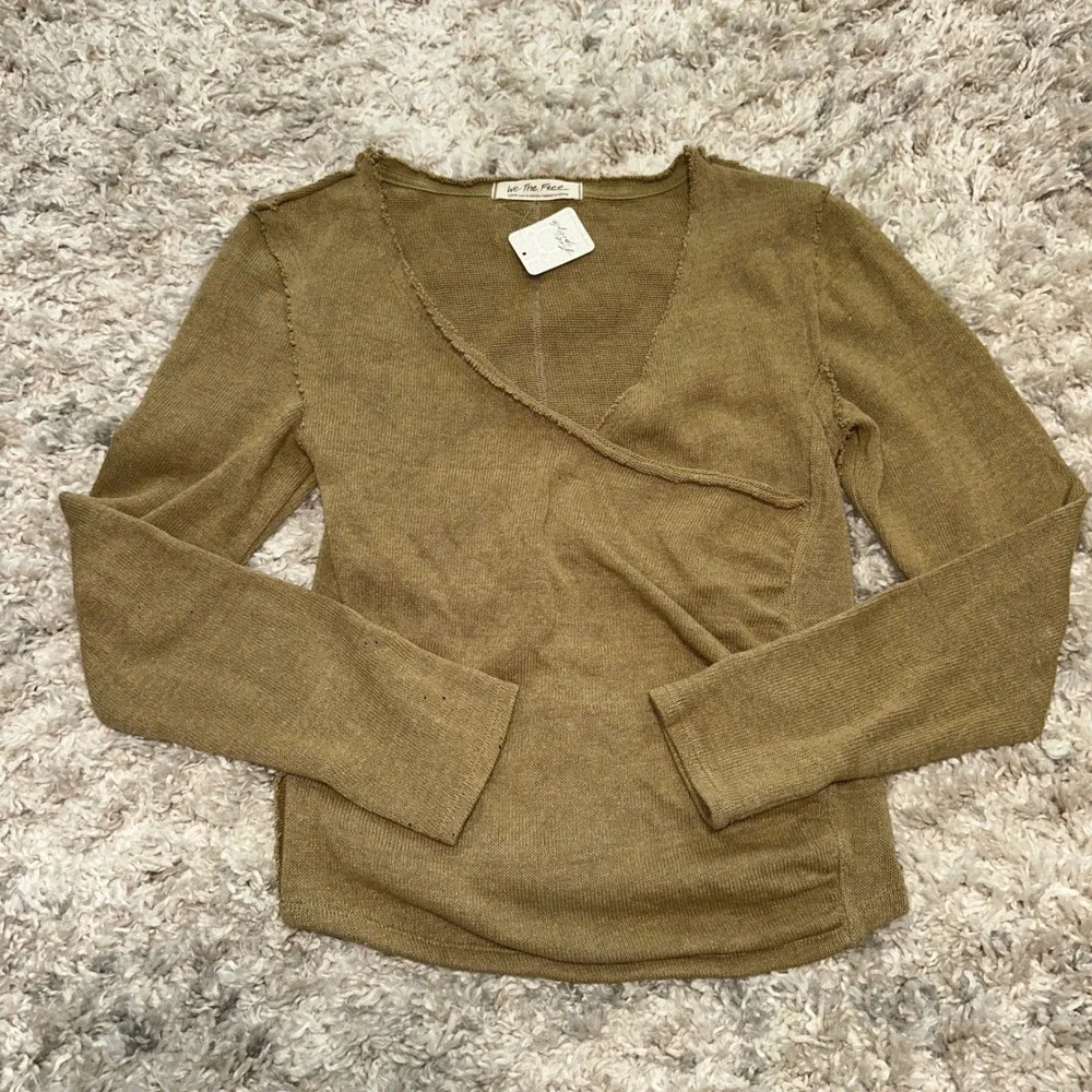 Free People We The Free Moss Green Wrap Knit Top OB1353292 Boho Raw Edge Large